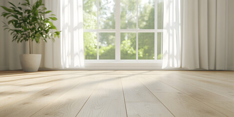 Sunlit room with hardwood floor, large window, and a potted plant.  Bright, airy, and minimalist aesthetic.