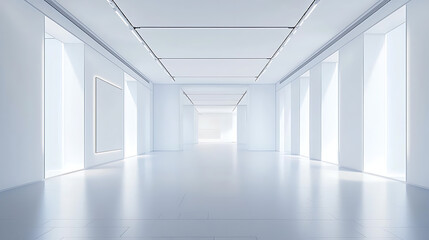 Bright, minimalist white corridor with large windows and frame.
