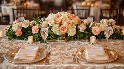 Elegant wedding sweetheart table centerpiece with peach and white roses, candles, and lace tablecloth.
