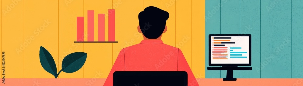 Poster a person sits at a desk, facing a computer with code on the screen, surrounded by colorful walls and