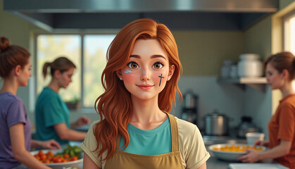 Teenager volunteering in a kitchen with ash cross on her cheek, Ash Wednesday spirit
