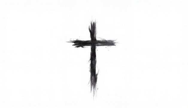 Simple black ash cross on white canvas, minimalist design for Ash Wednesday concept

