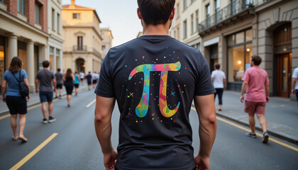 Man wearing colorful pi t-shirt walking in urban street, Day of Pi