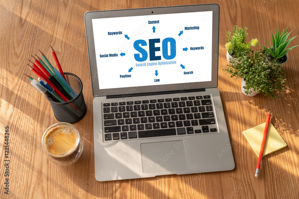 Poster seo search engine optimization for modish e-commerce and online retail business showing on computer 
