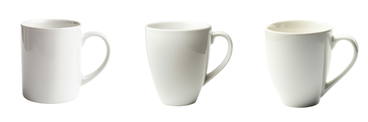 A Set of Modern Ceramic Coffee Mugs with Smooth White Finish Isolated on Transparent Background