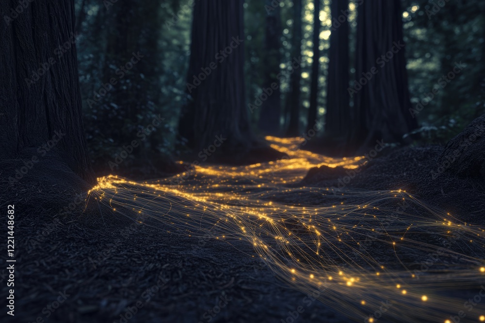 Poster glowing strands of light illuminate a dark forest path, creating a magical, ethereal scene.