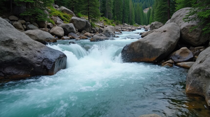 Fototapeta premium Crystal clear water cascades over large boulders, creating white foam in a vibrant green forest. Sunlight filters through the trees, illuminating the serene landscape