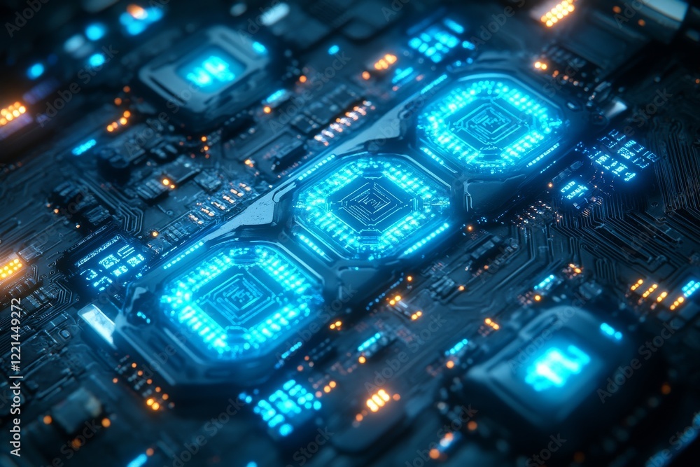 Poster illuminated microchip in vivid blue light close-up showing intricate details