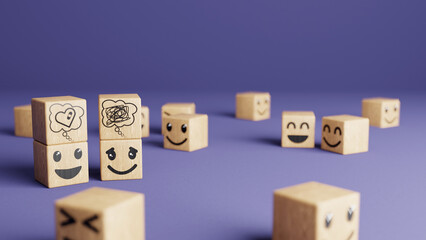 Wooden blocks with facial expressions on a purple background. Two stacked central blocks stand out, they have drawings of thoughts: one shows a broken heart, and the other, confusion, 3d illustration