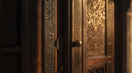Intricate Wooden Door With Ornate Carving And Brass Knob