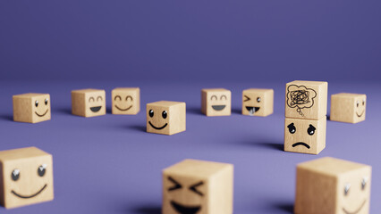 Scattered wooden blocks, with different varied and happy facial expressions. highlighting a cube with a sad face, with confusion or stress on purple background, 3d illustration