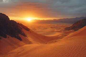 Naklejka premium Majestic Desert Sunset Over Dunes and Mountains - Perfect for Nature Prints and Posters