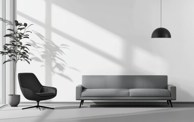 Modern Living Room Design With a Minimalist Aesthetic Featuring a Gray Sofa and Stylish Chair in a Bright, Sunlit Space