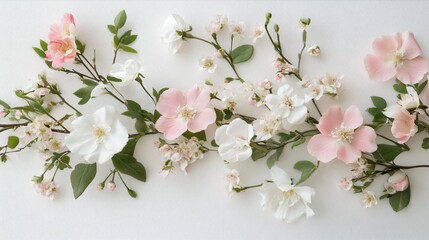 Obraz premium Flat lay of pink and white blossoms arranged on white background.