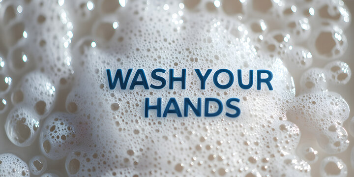 Wash your hands!  A close-up of soapy bubbles with the message 'Wash Your Hands' prominently displayed.  Hygiene and cleanliness.