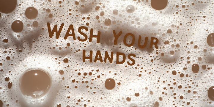 Close-up of soapy bubbles with the message 'Wash Your Hands' subtly imprinted.  A reminder of hygiene and cleanliness.