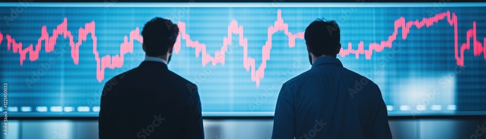 Aufkleber two professionals observe a digital stock market display with fluctuating graphs, indicating financi