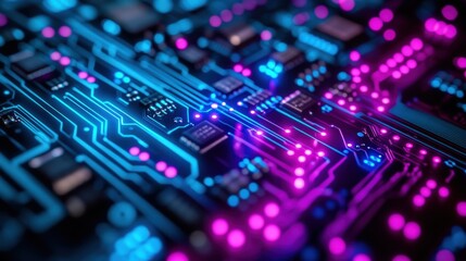 Obraz premium Vibrant Circuit Board with Neon Lights