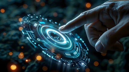 Futuristic technology concept with human hand touching glowing blue holographic interface, perfect for digital transformation and innovation themes in business presentations.