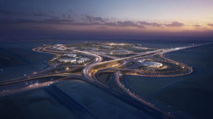 Aerial Night View Of A Complex Highway Interchange
