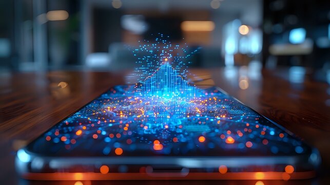 Futuristic holographic projection emerging from smartphone screen with glowing blue network connections and red data points, perfect for technology and AI concepts.
