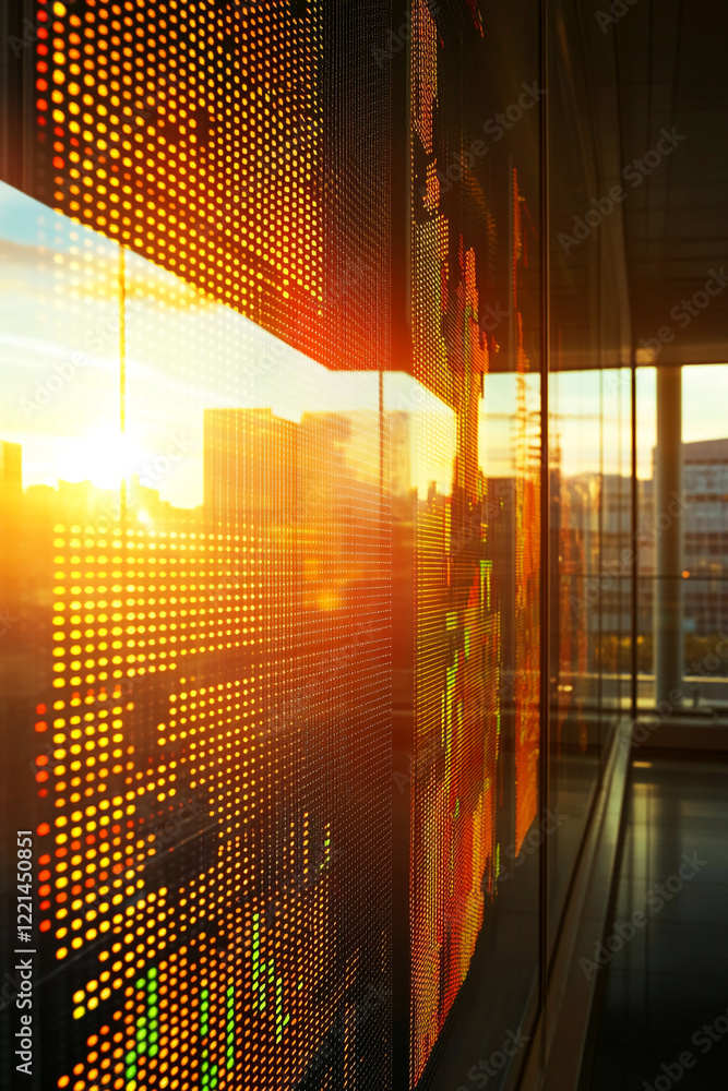 Poster stock market data graph displayed on digital screen with sunset reflection in office. business backg