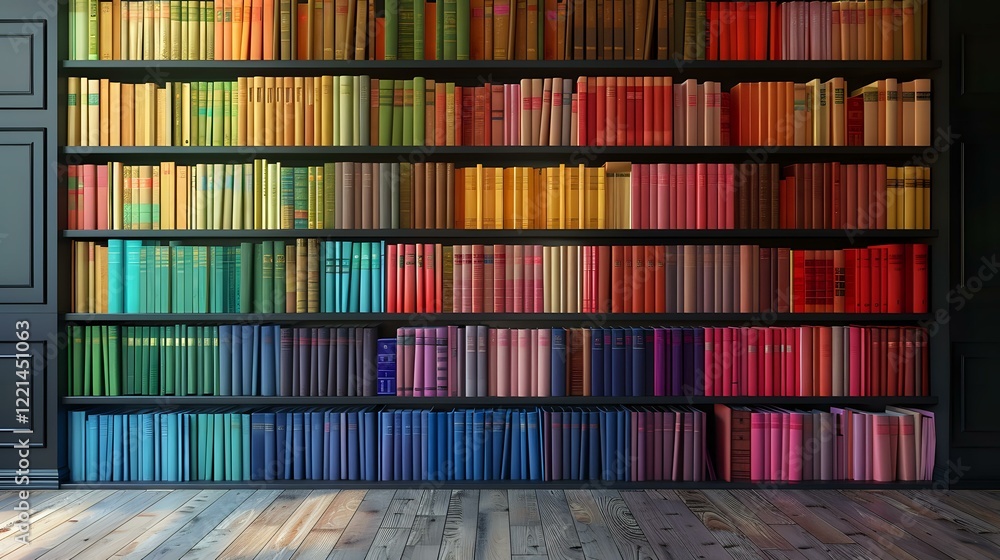 Poster colorful rainbow gradient bookshelf with books arranged by color spectrum from green to blue to red 