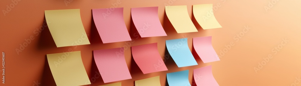 Poster a vibrant array of colorful sticky notes arranged on a wall, ideal for brainstorming, organizing tho