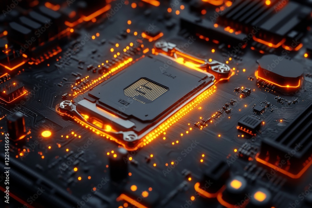 Poster glowing circuitry: a detailed look at a high-tech motherboard with electronic components and intrica