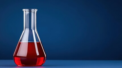 Red Liquid in Erlenmeyer Flask: A classic Erlenmeyer flask filled with vibrant red liquid stands on a surface, with a blue backdrop creating a visually striking contrast.