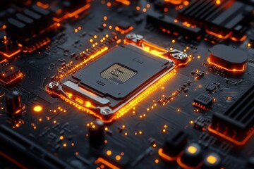 Glowing Circuitry: A Detailed Look at a High-Tech Motherboard with Electronic Components and Intricate Circuits