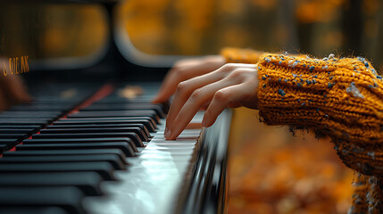Close-up of hands playing a piano outdoors in autumn.