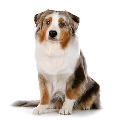 Fototapeta premium A charming Australian Shepherd sitting patiently, isolated on a white background. The dog's intelligent gaze and soft, fluffy coat highlight its beauty and character, perfect for pet-related designs