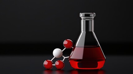 Red Liquid in Beaker:  A close-up, minimalist image of a clear glass beaker filled with a vibrant red liquid, resting against a molecular model.