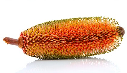 Fototapeta premium A detailed Banksia flower captured in high resolution, isolated on a white background. The natural textures and unique shape of the flower make it a perfect choice for nature, botany, and themes.