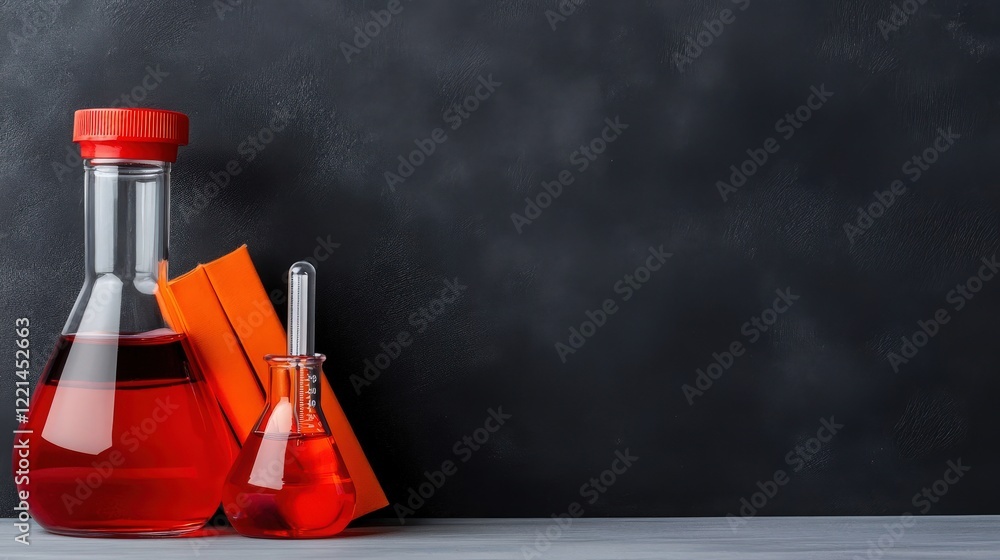 Poster chemistry experiment setup: two erlenmeyer flasks filled with vibrant red liquid, accompanied by a p
