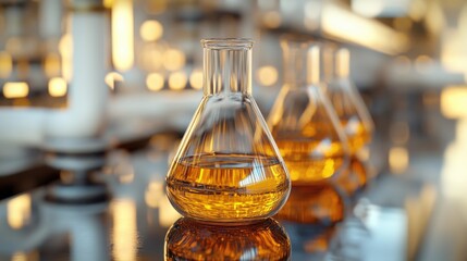 Golden Laboratory Flasks with Chemical Solutions