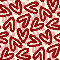 Red cute hearts isolated on white background. Seamless pattern. Vector simple flat graphic hand drawn illustration. Texture.