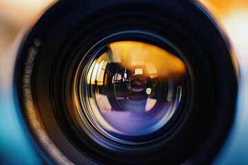 A close-up view of a camera lens with intricate details and textures
