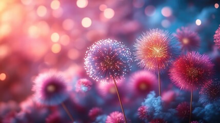 Fototapeta premium A beautiful arrangement of purple and pink flowers lit up at night, perfect for a romantic evening or a festive decoration