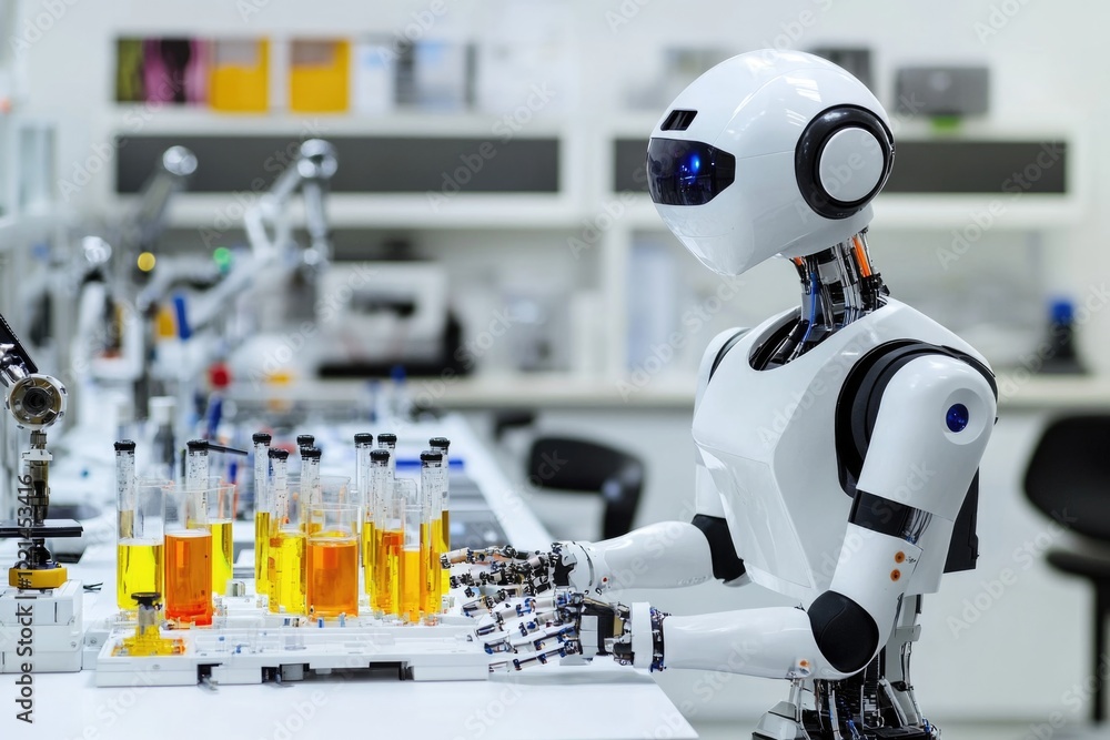 Poster robot standing in a lab environment with various equipment and machinery
