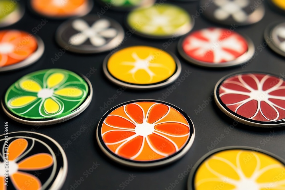 Poster a table filled with various colorful buttons