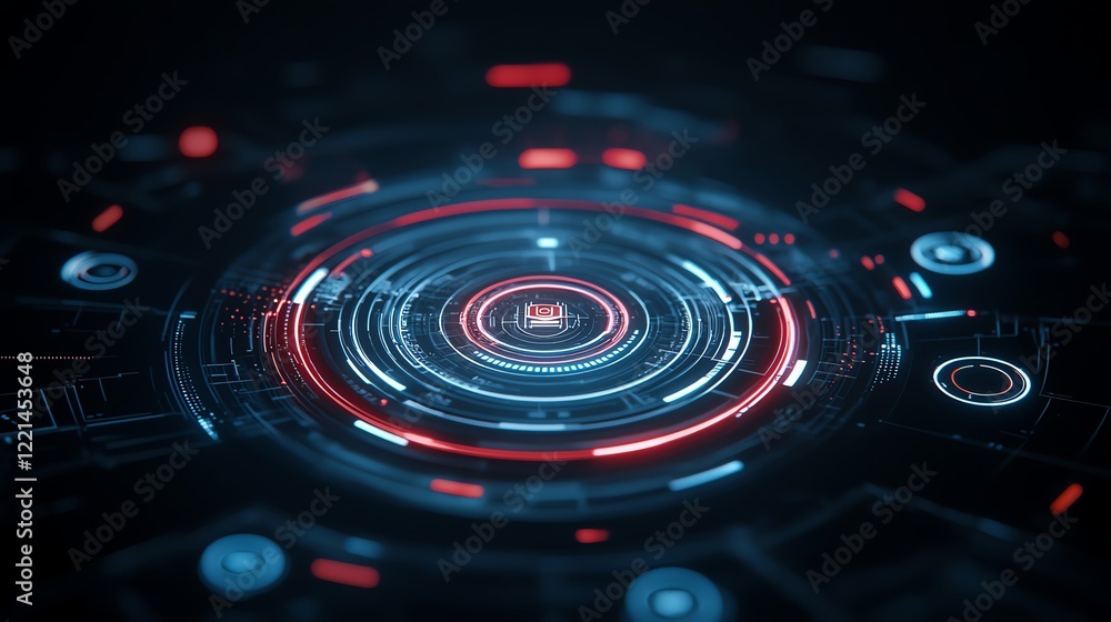 Poster a captivating digital interface showcasing futuristic circular patterns with vibrant red and blue li