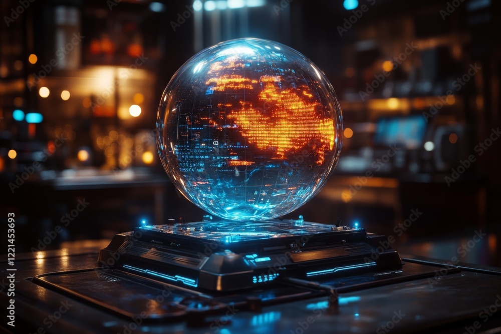 Poster futuristic holographic globe projection displayed in a high-tech setting showing global connectivity