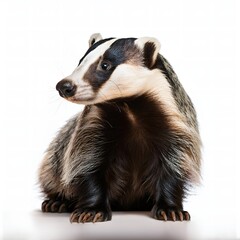 Fototapeta premium A European badger with its distinct black-and-white facial markings, captured in a standing position, isolated on a white background. Ideal for wildlife and nature themes.