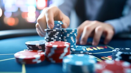 A close-up of a person's hand stacking colorful poker chips on a gaming table. The vibrant chips represent excitement and strategy involved in card games and gambling activities.