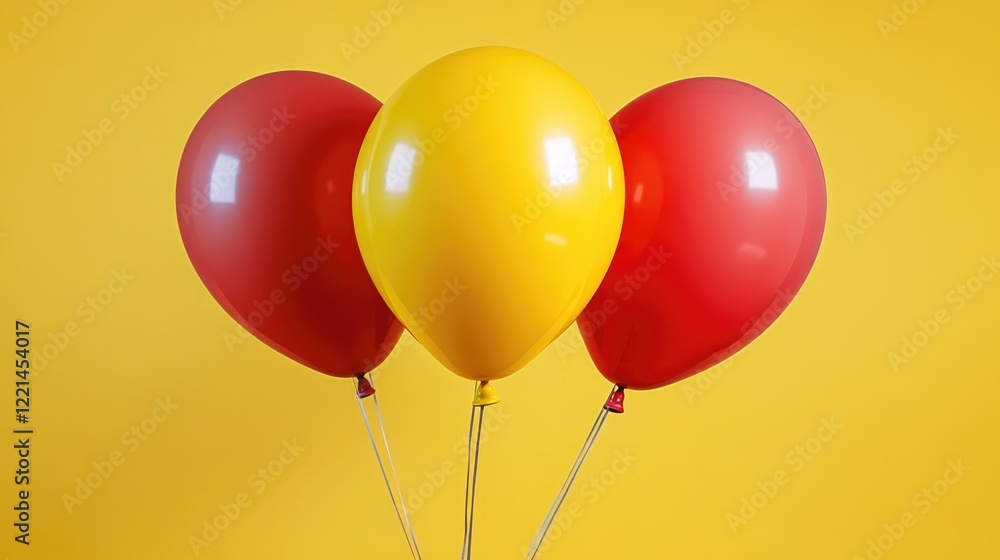 Poster a bright and cheerful image of three balloons in red and yellow colors floating on a yellow backgrou