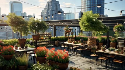 A vibrant rooftop garden restaurant offers a serene dining experience with lush greenery amidst an urban skyline, ideal for enjoying meals and social gatherings during sunset hours
