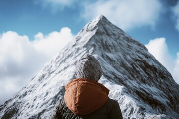 A person stands at the base of a snow-covered mountain, looking up at the peak