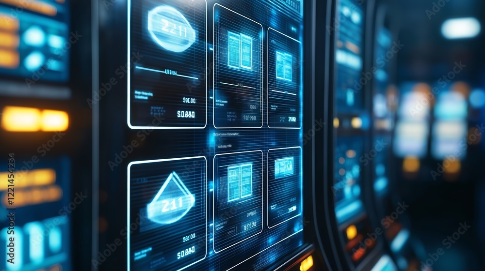 Aufkleber a close-up view of modern digital screens displaying various data and analytics. the vibrant blue gr